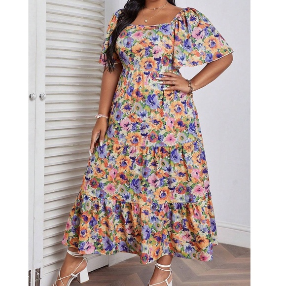 Plus Multicolor Floral Print Butterfly Sleeve Tie Back Maxi Dress - Picture 3 of 6